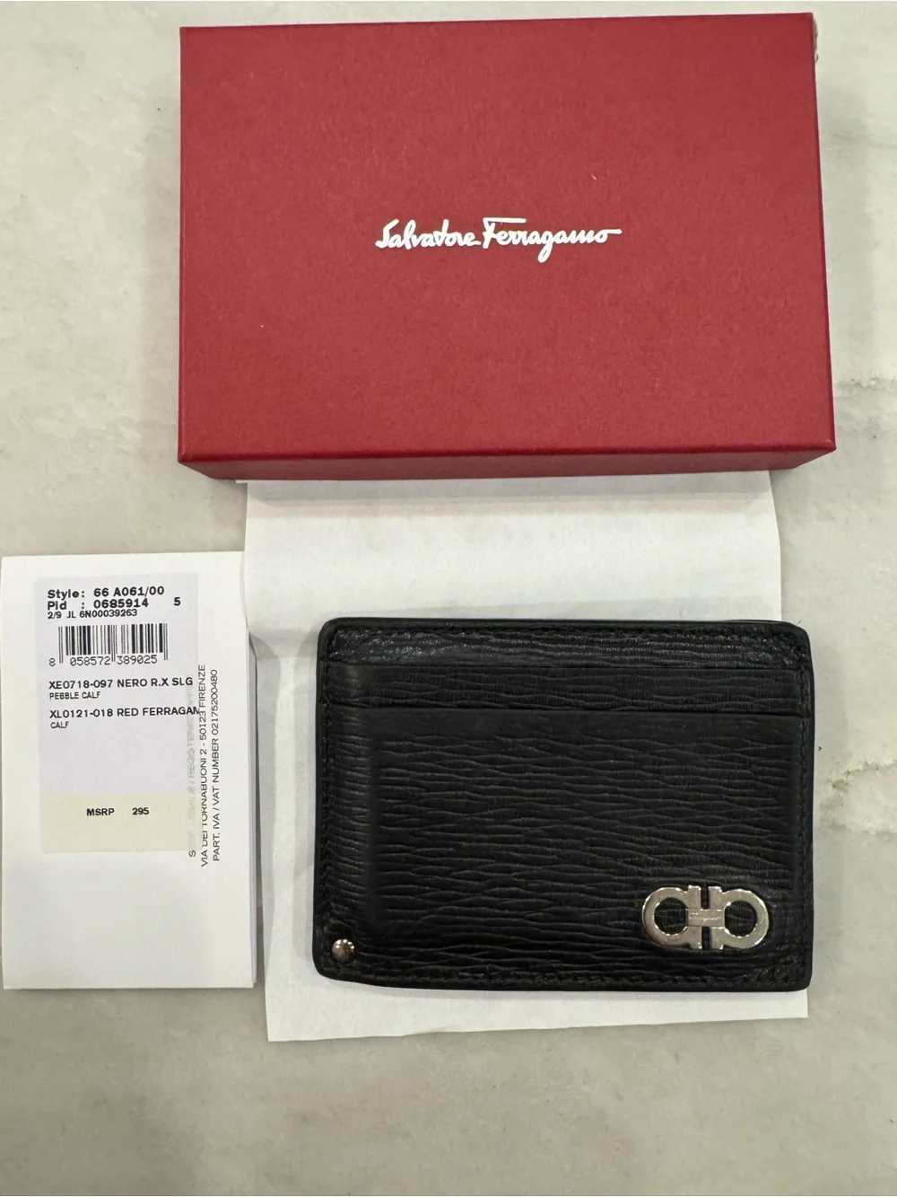 Salvatore Ferragamo Black and Red Leather Card Holder with Silver Gancio